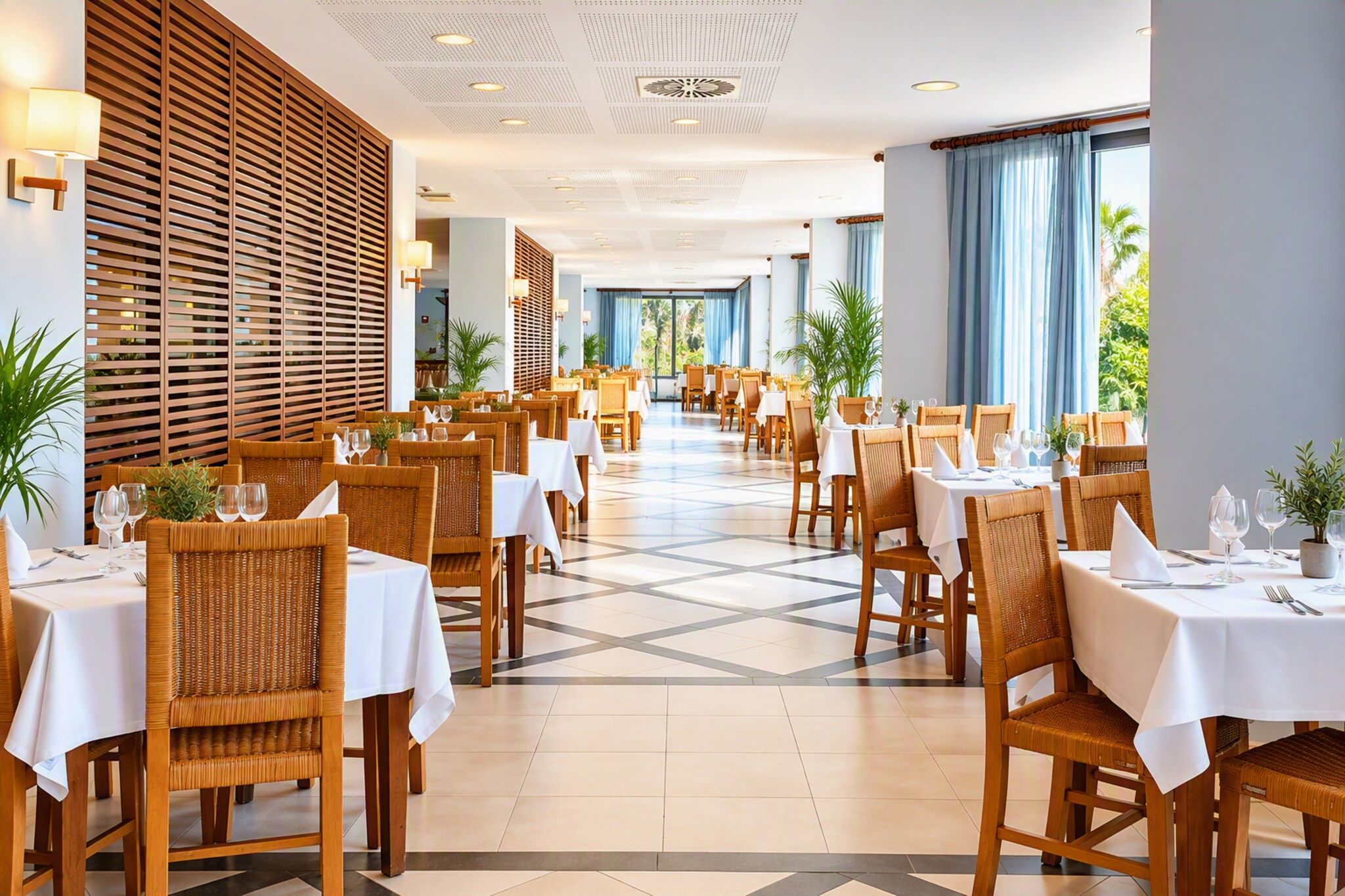 Un comedor amplio con varias mesas y sillas, con un diseño moderno y elementos de madera, y piso de baldosas.