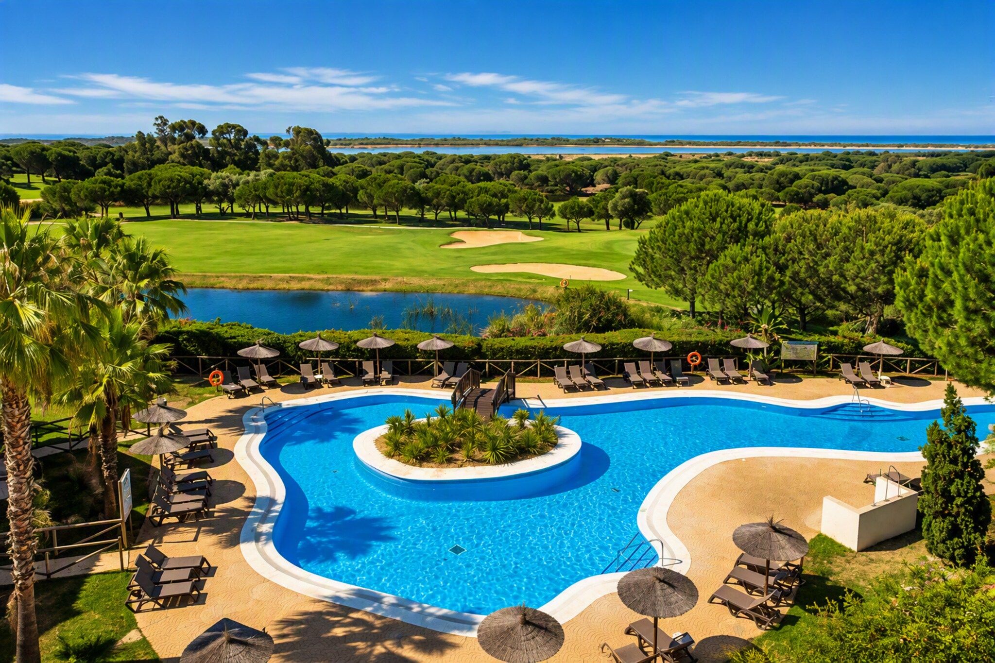 Un resort con una amplia piscina, tumbonas y un campo de golf al fondo.