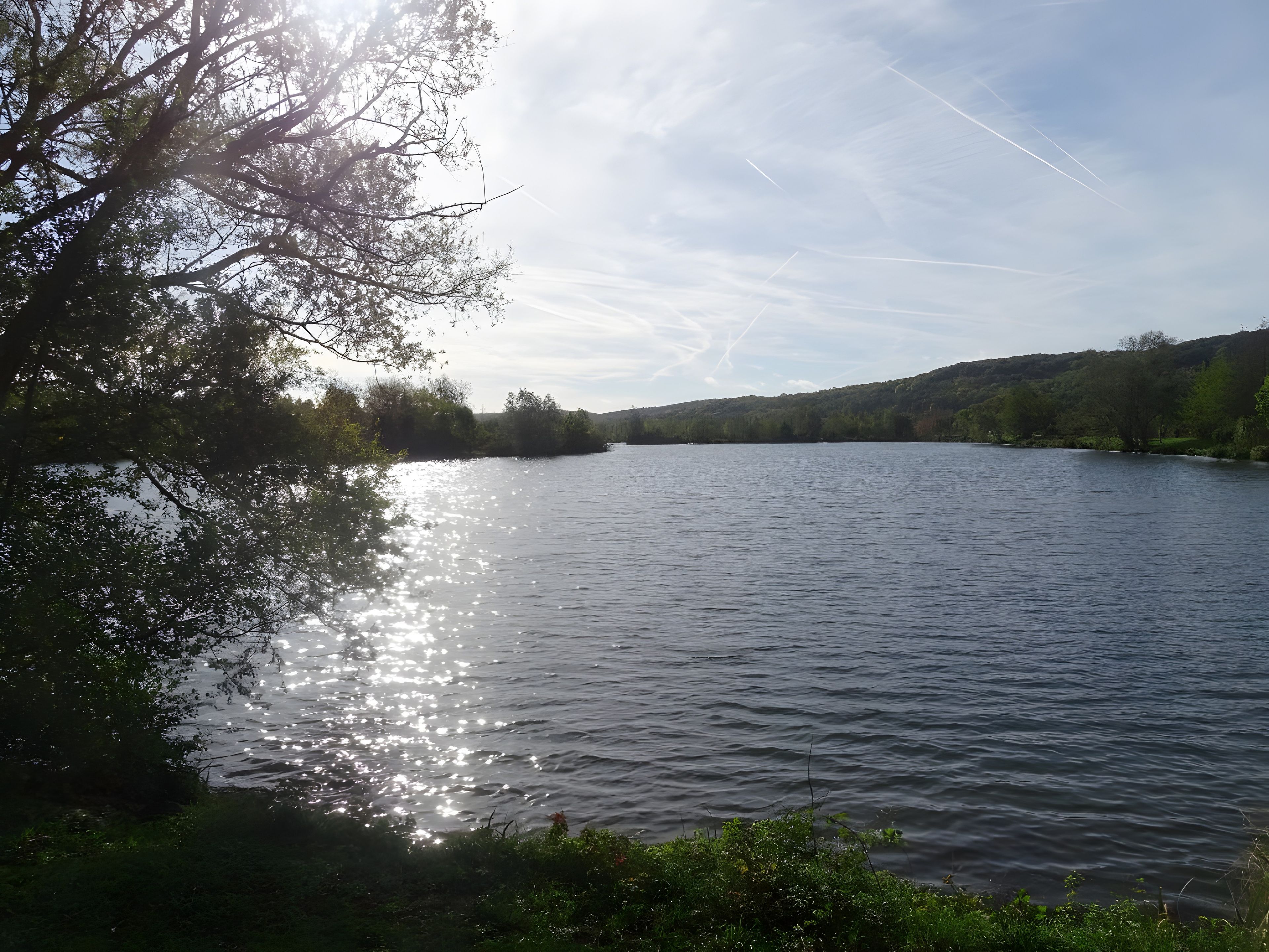 A calm river with trees on the banks and a clear sky.