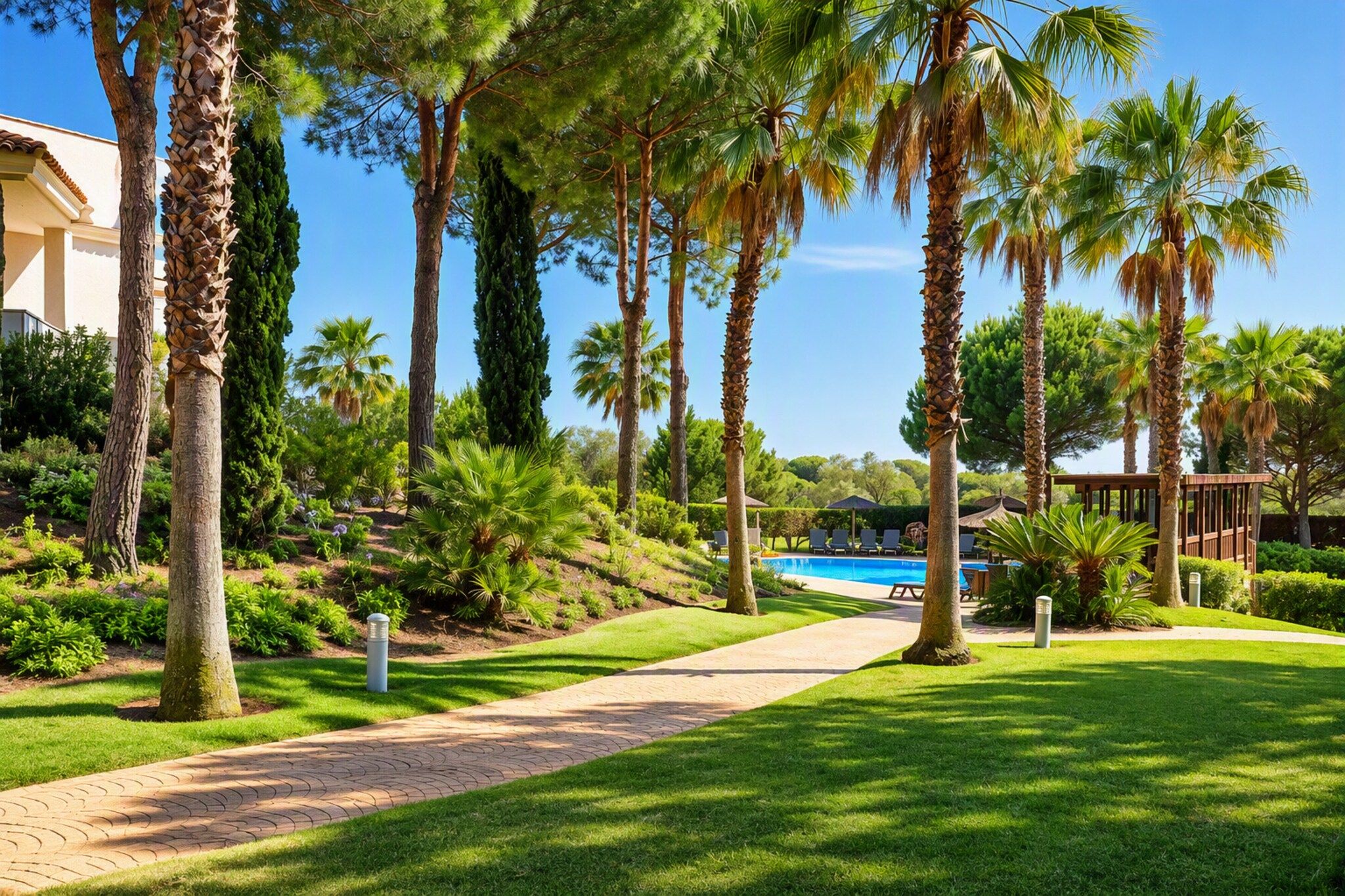 A pathway leading to a pool area surrounded by palm trees and greenery.