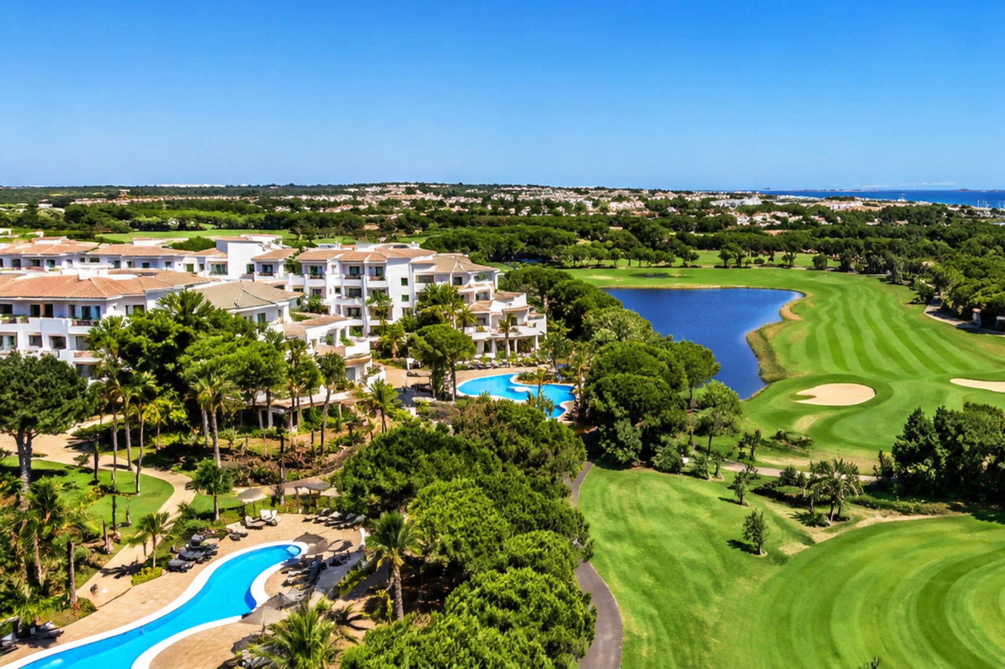 A golf course with a swimming pool and a building with multiple balconies.