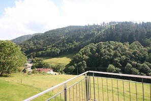 Ländliche Landschaft mit einem Haus und einem eingezäunten Bereich im Vordergrund.