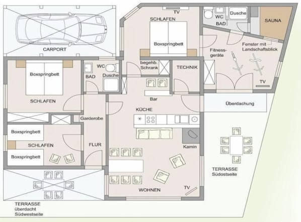 A hotel floor plan with a carport, multiple bedrooms, a fitness area, a sauna, and a bar. - Holiday home with 3 bedrooms (Schmallenberg - Winkhausen)