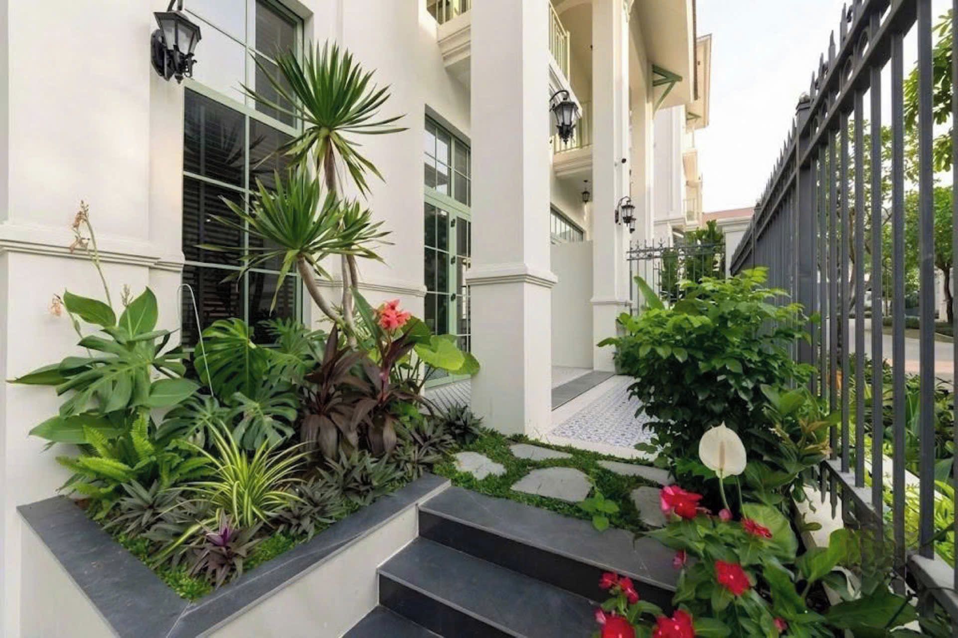 Un edificio con fachada blanca, una escalera que lleva a un balcón y diversas plantas y flores.