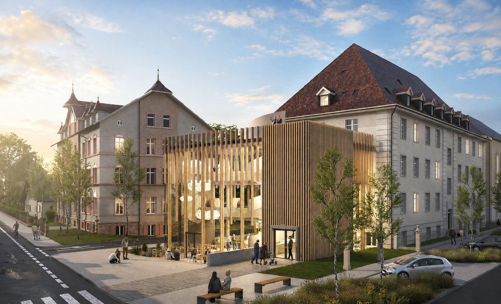A modern building with a mix of traditional and contemporary architecture, featuring a prominent wooden facade and a classic pitched roof.