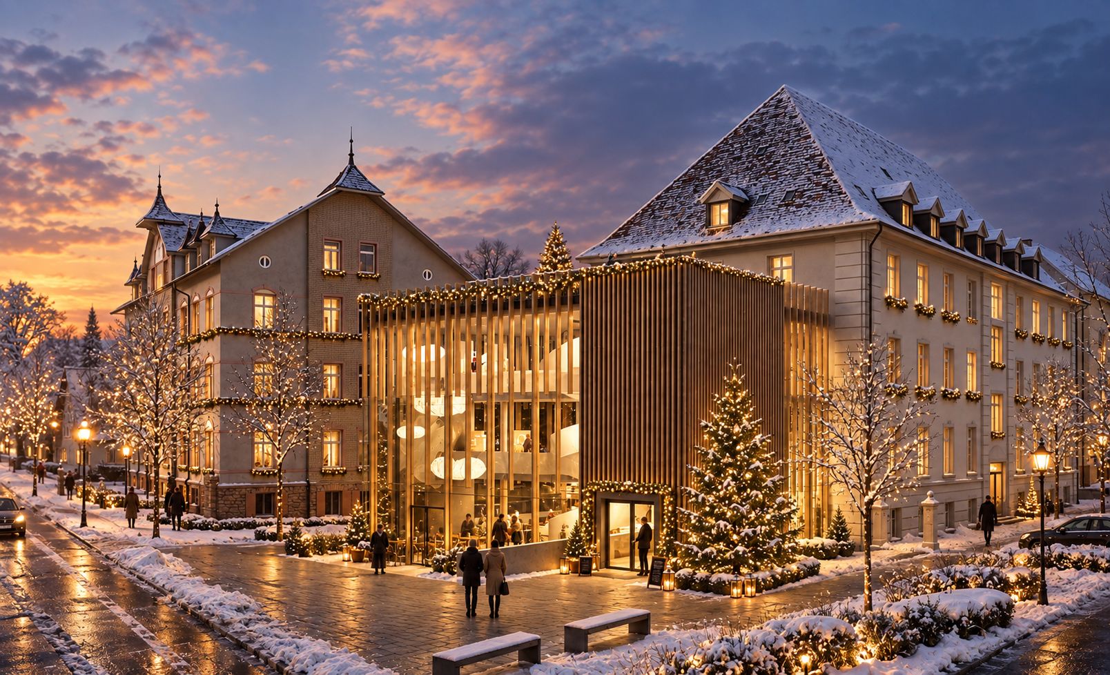 A hotel with a traditional European architectural style, featuring a prominent entrance with a glass facade and a snow-covered courtyard.