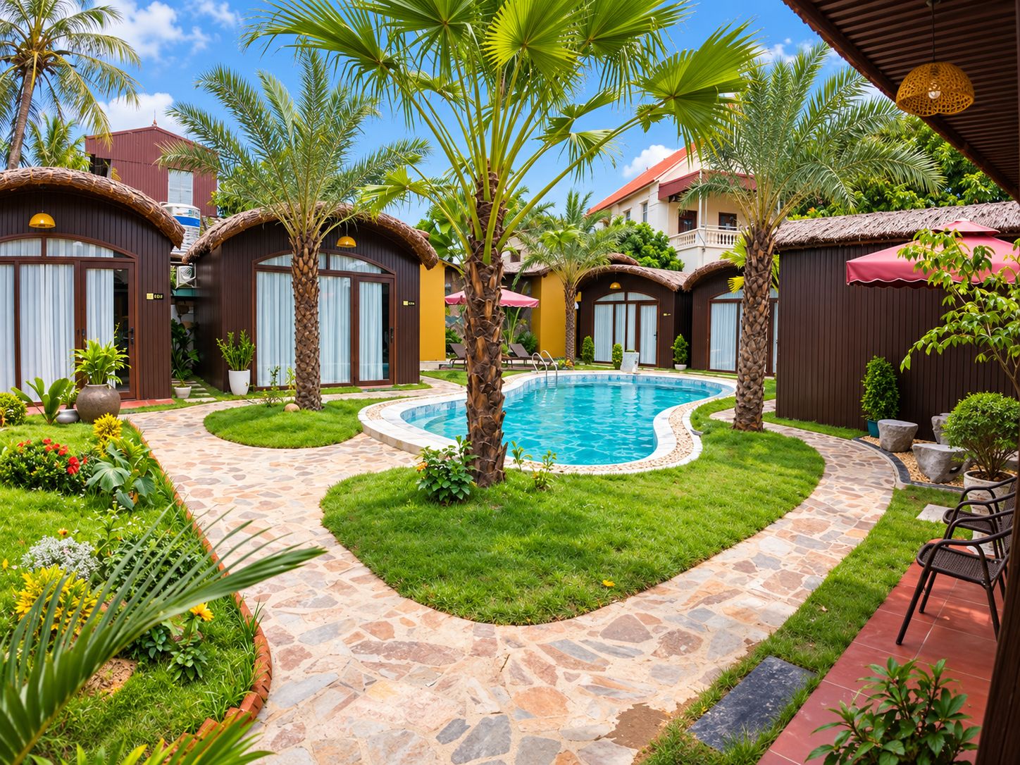 A pool area with a stone pathway, palm trees, and a small garden.