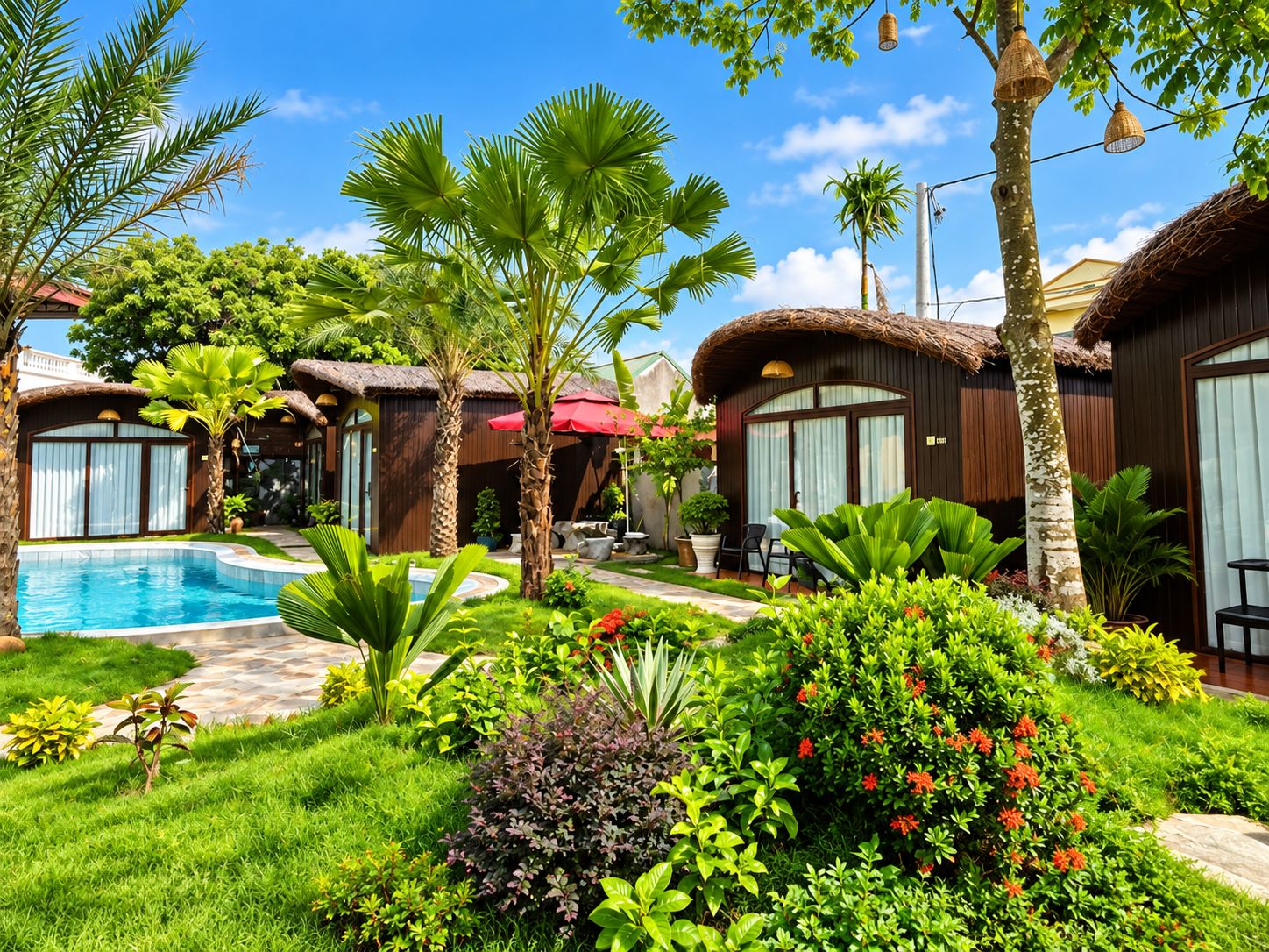 A resort with a swimming pool, thatched-roof cabins, and lush greenery.