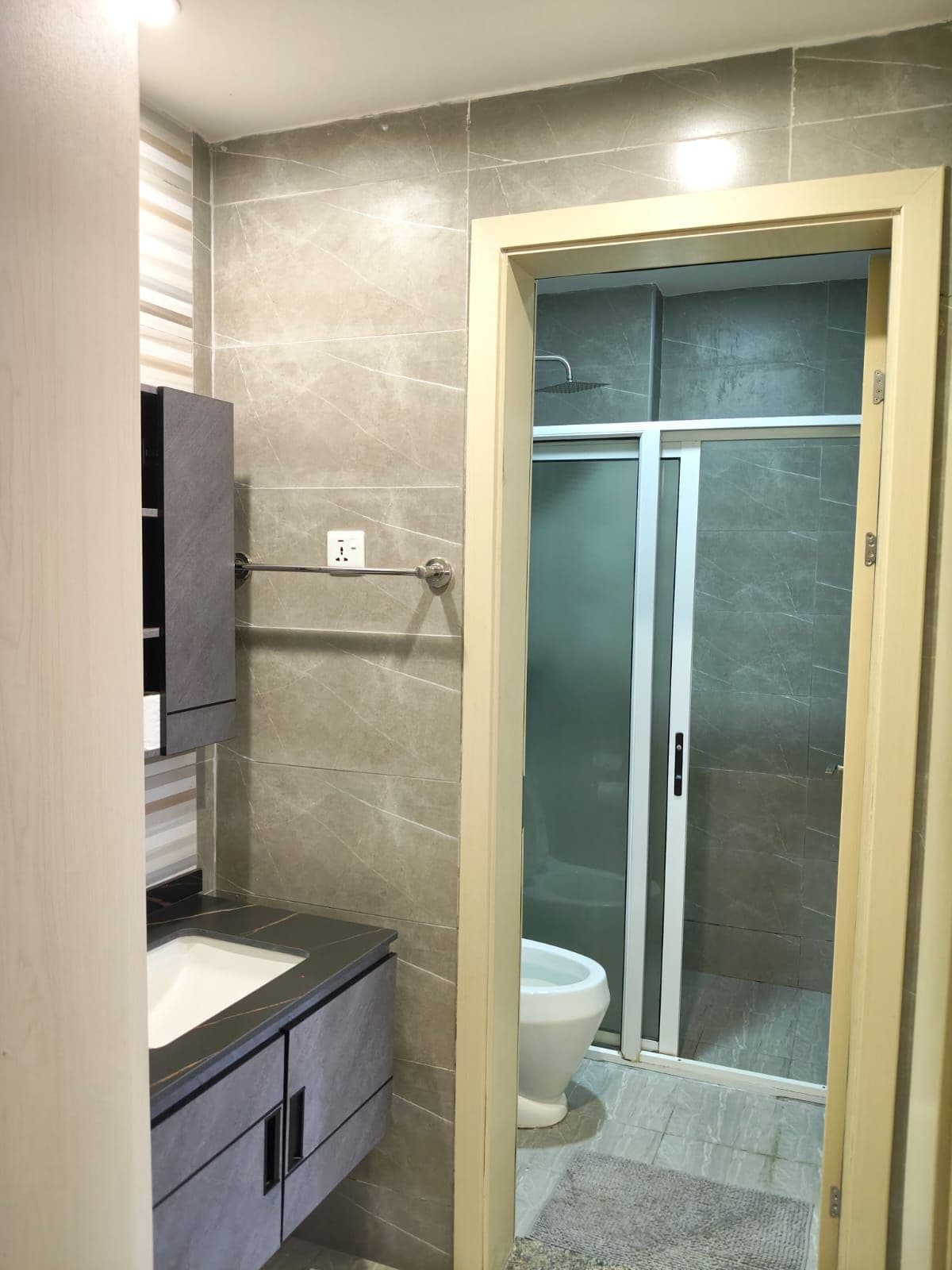 Een badkamer met een douchecabine, toilet en een wastafelmeubel met een wastafel.