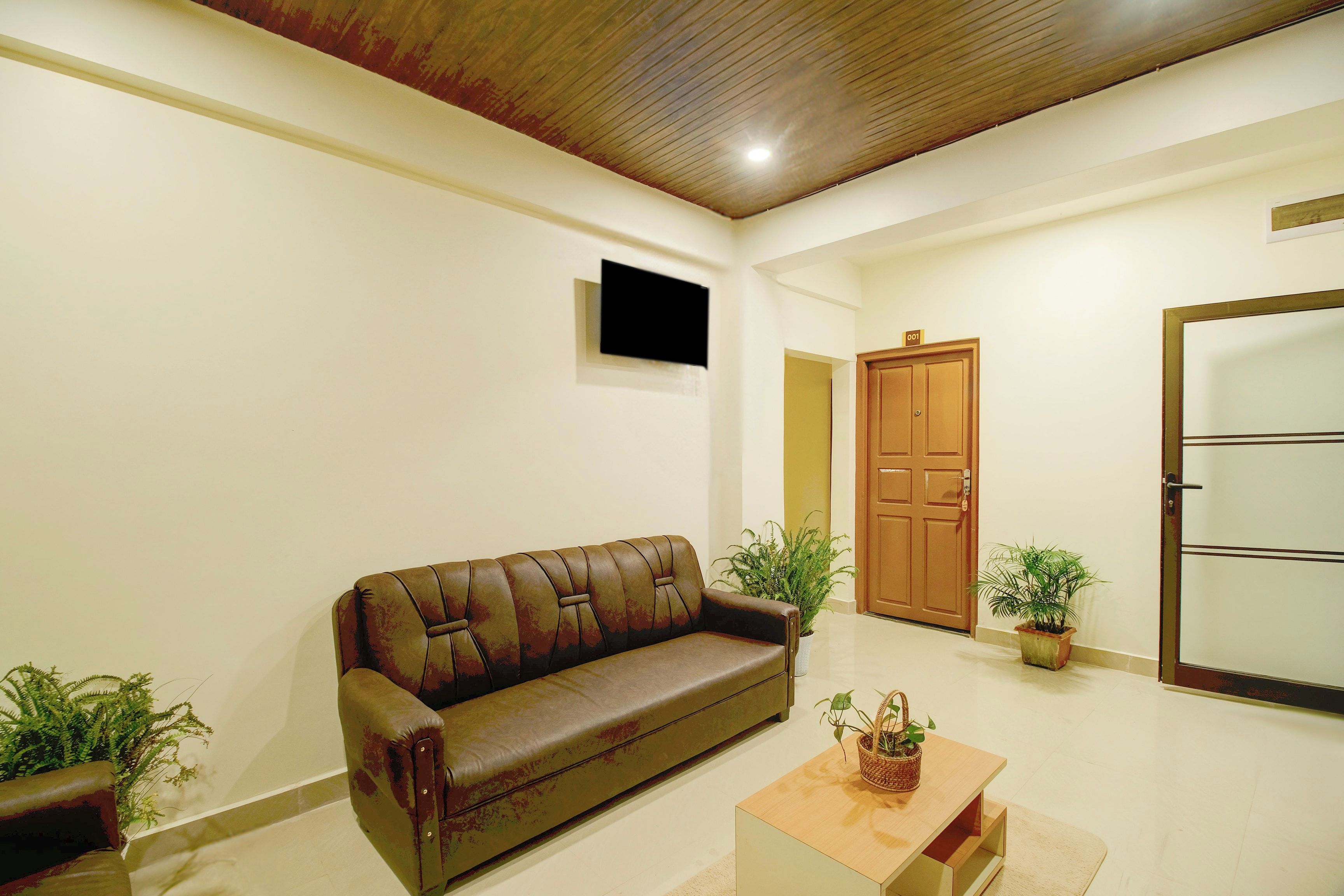 Una sala de estar con un sofá de cuero marrón, una mesa de centro de madera, dos plantas en macetas, una puerta de madera y un televisor de pantalla plana montado en la pared.