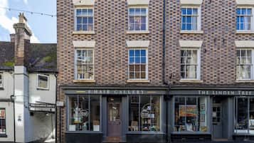 A brick building with two storefronts, one labeled 'The Hair Gallery' and the other 'The Linden Tree'.