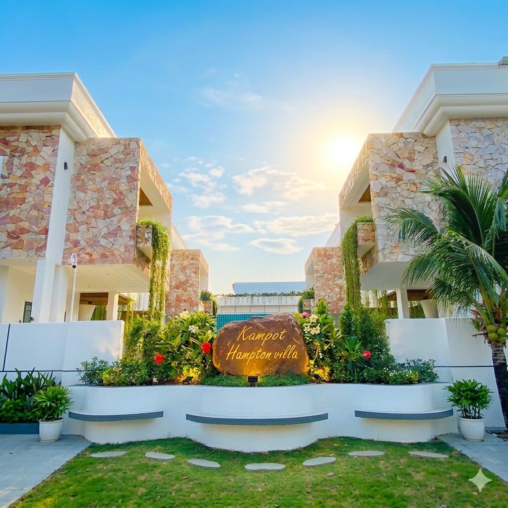 Edificio de fachada de piedra con un cartel que dice 'Kampot Hampton villa', rodeado de follaje y un cielo despejado.