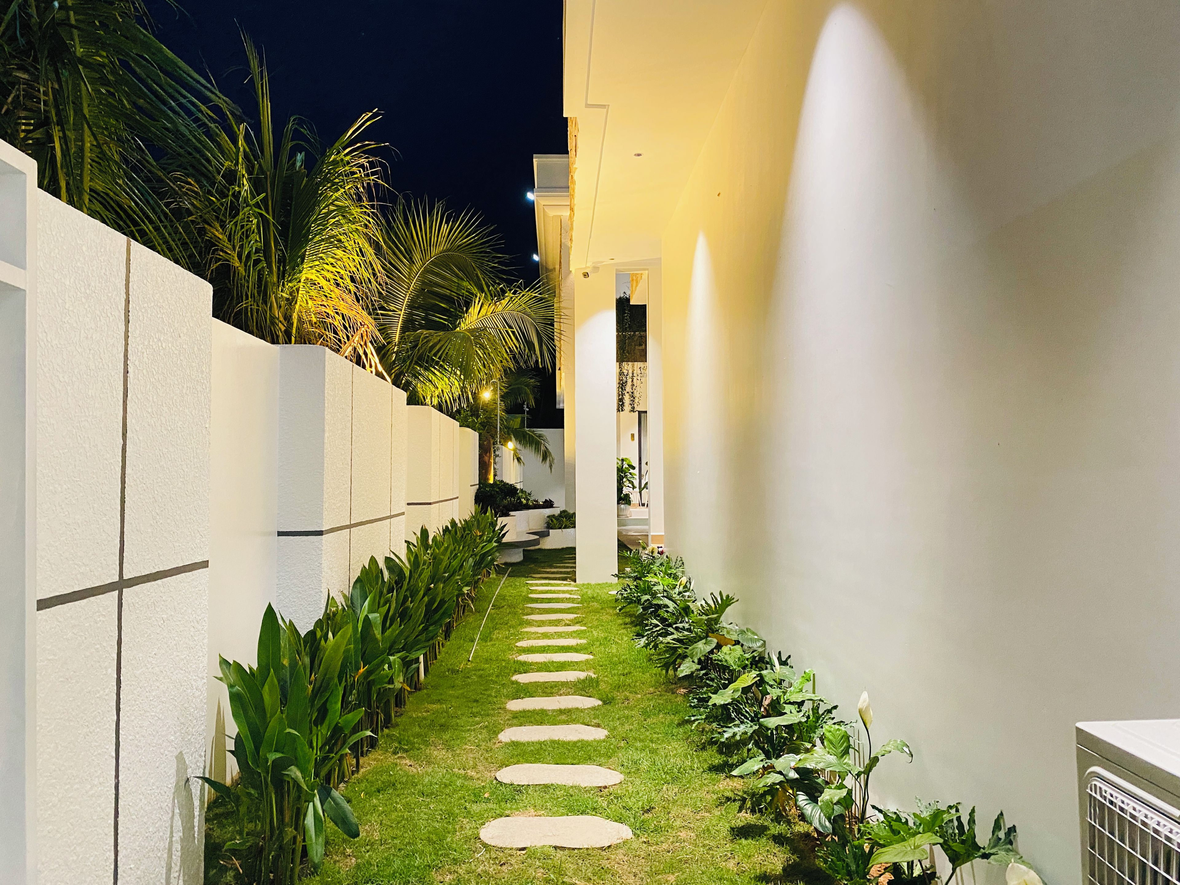 A narrow pathway with stepping stones, flanked by lush greenery and a white wall.