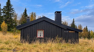 A black wooden cabin with a red window, chimney, and a sign with the number 169.