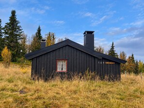Una cabaña de madera negra con una ventana roja, una chimenea y un cartel con el número 169.