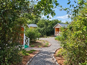 Un sendero lleva a dos cabañas de madera rodeadas de abundante vegetación.
