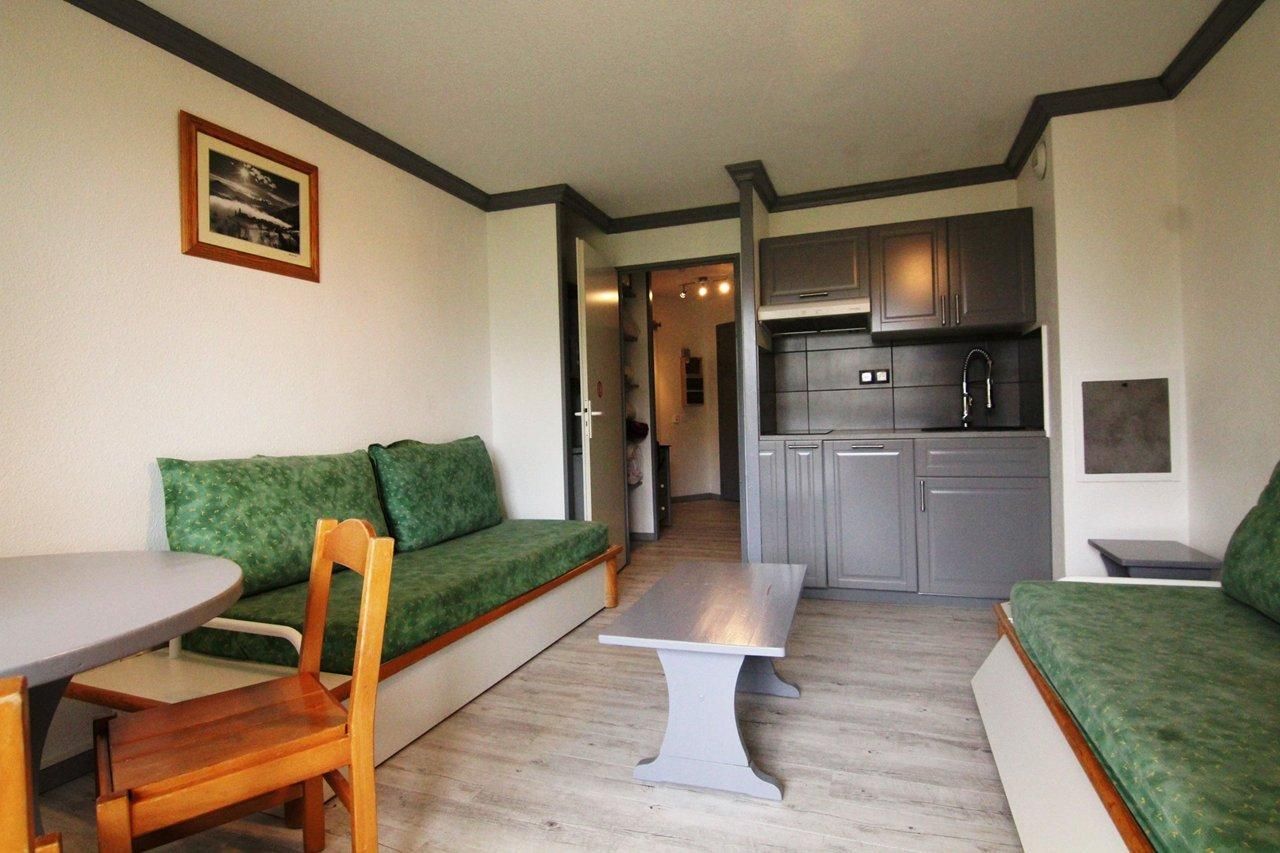 A compact living space with a kitchenette, a dining area, and a sofa.