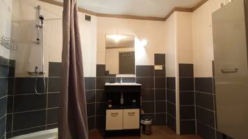 Une salle de bain avec une douche, un lavabo et un miroir.