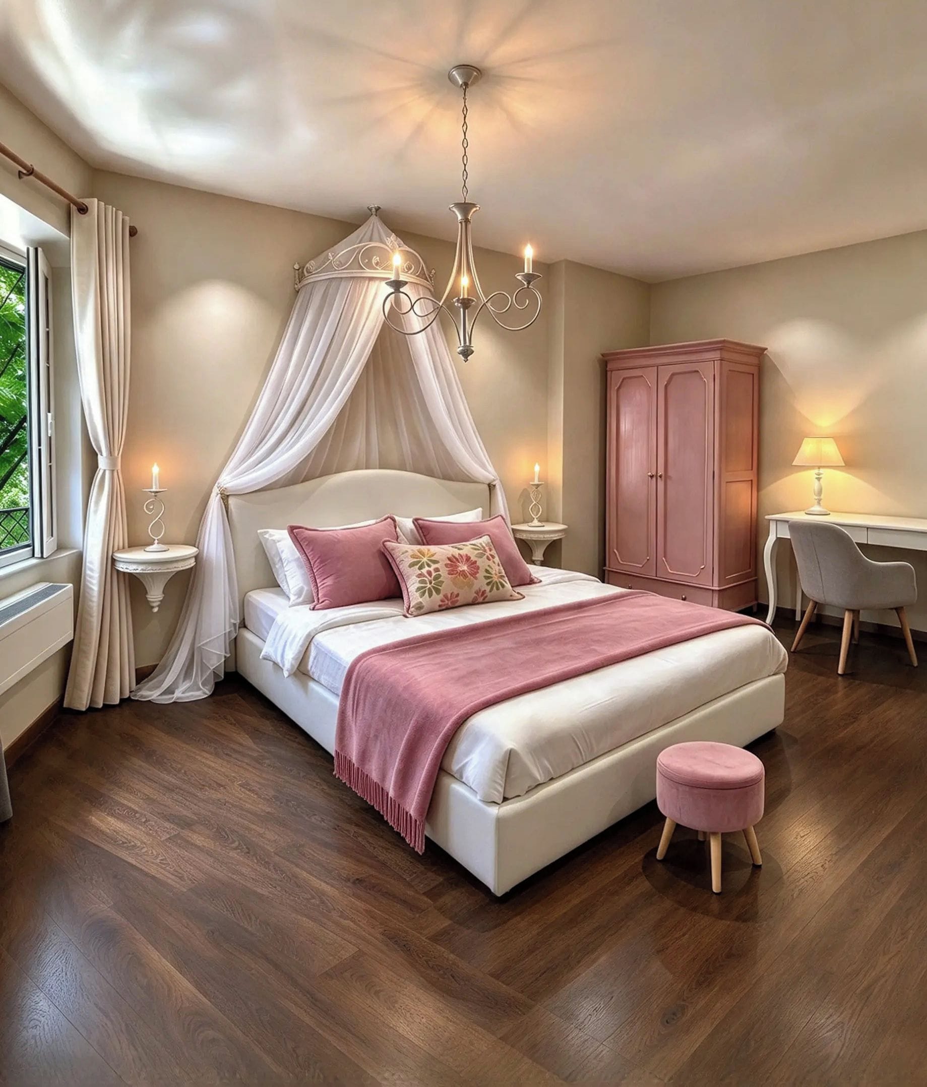 Ein Schlafzimmer mit Baldachinbett, Nachttischlampen, Schreibtisch und Kleiderschrank.