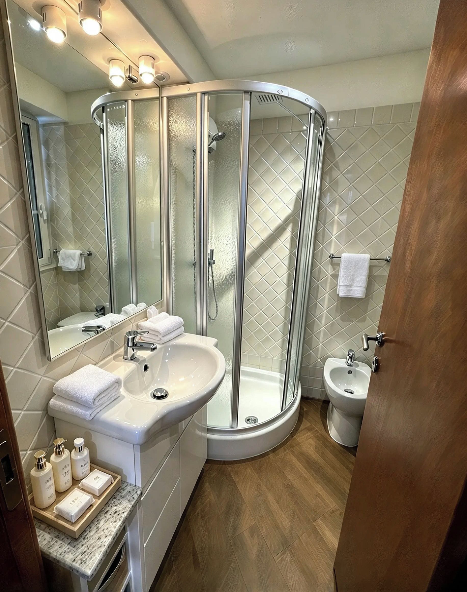 Ein modernes Badezimmer mit einer gläsernen Dusche, einem Waschbecken, einem Bidet und einem Schminktisch mit Pflegeprodukten.