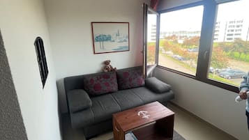 Ein Wohnzimmer mit einer Couch, einem Couchtisch, einem Fenster mit Blick auf Gebäude und einer Deckenleuchte.