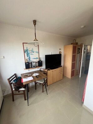 A compact living space with a dining table, chairs, a television, and a wardrobe.