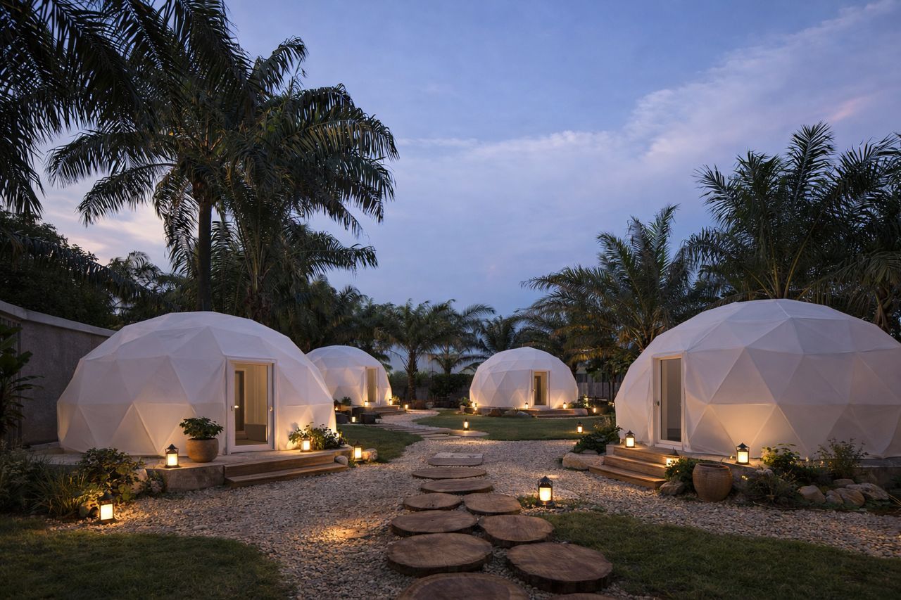 A series of geodesic dome structures with entry doors, surrounded by palm trees and a gravel pathway.