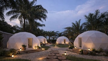 A series of geodesic dome structures with entry doors, surrounded by palm trees and a gravel pathway.