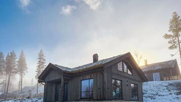 A wooden cabin with a gabled roof, large windows, and a chimney, surrounded by snow and trees.