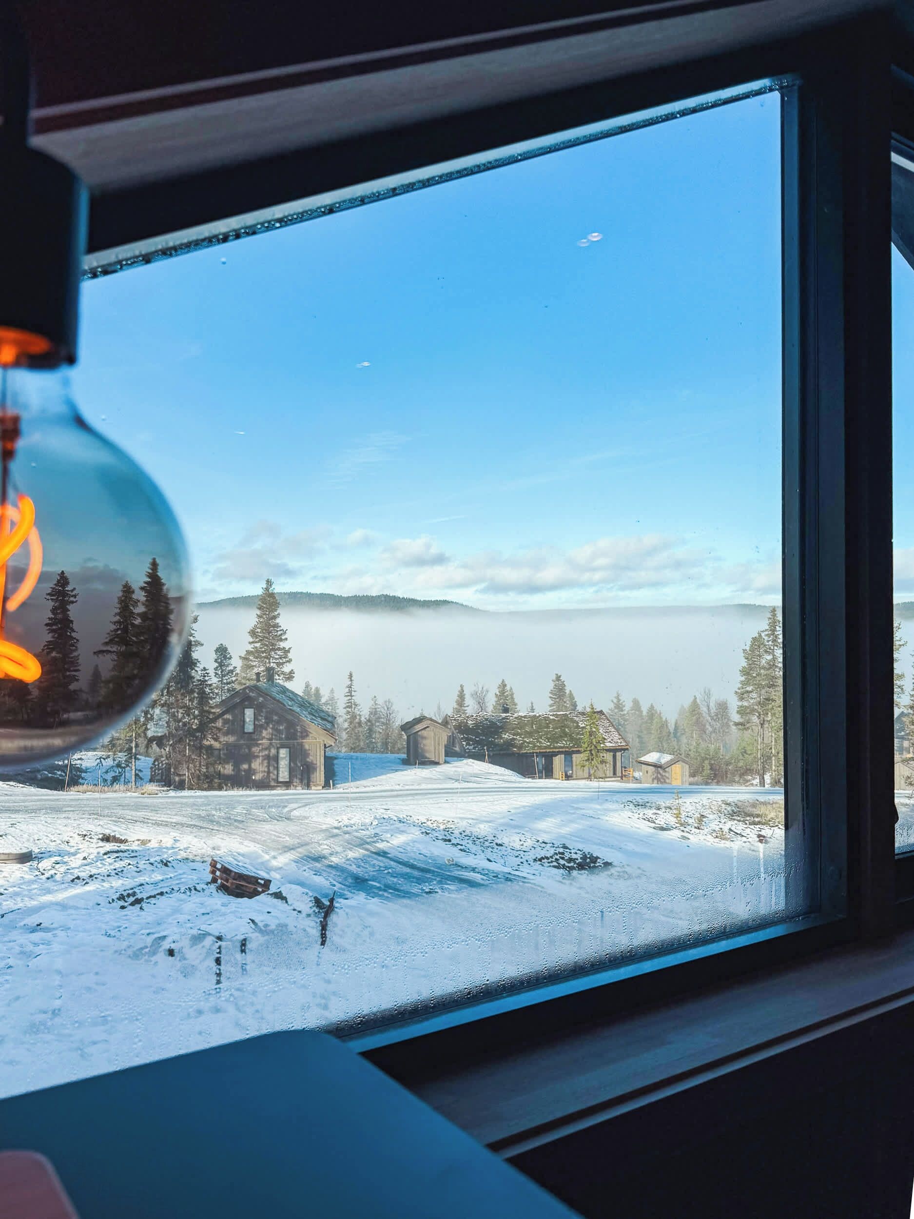 A view from inside a building, looking out through a window at a snowy landscape with houses and trees.