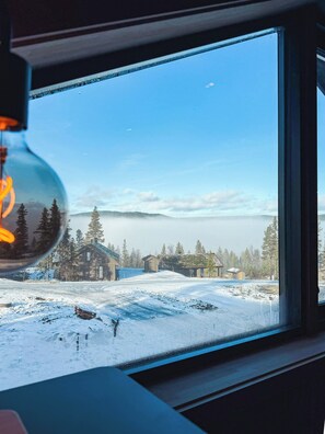 A view from inside a building, looking out through a window at a snowy landscape with houses and trees.