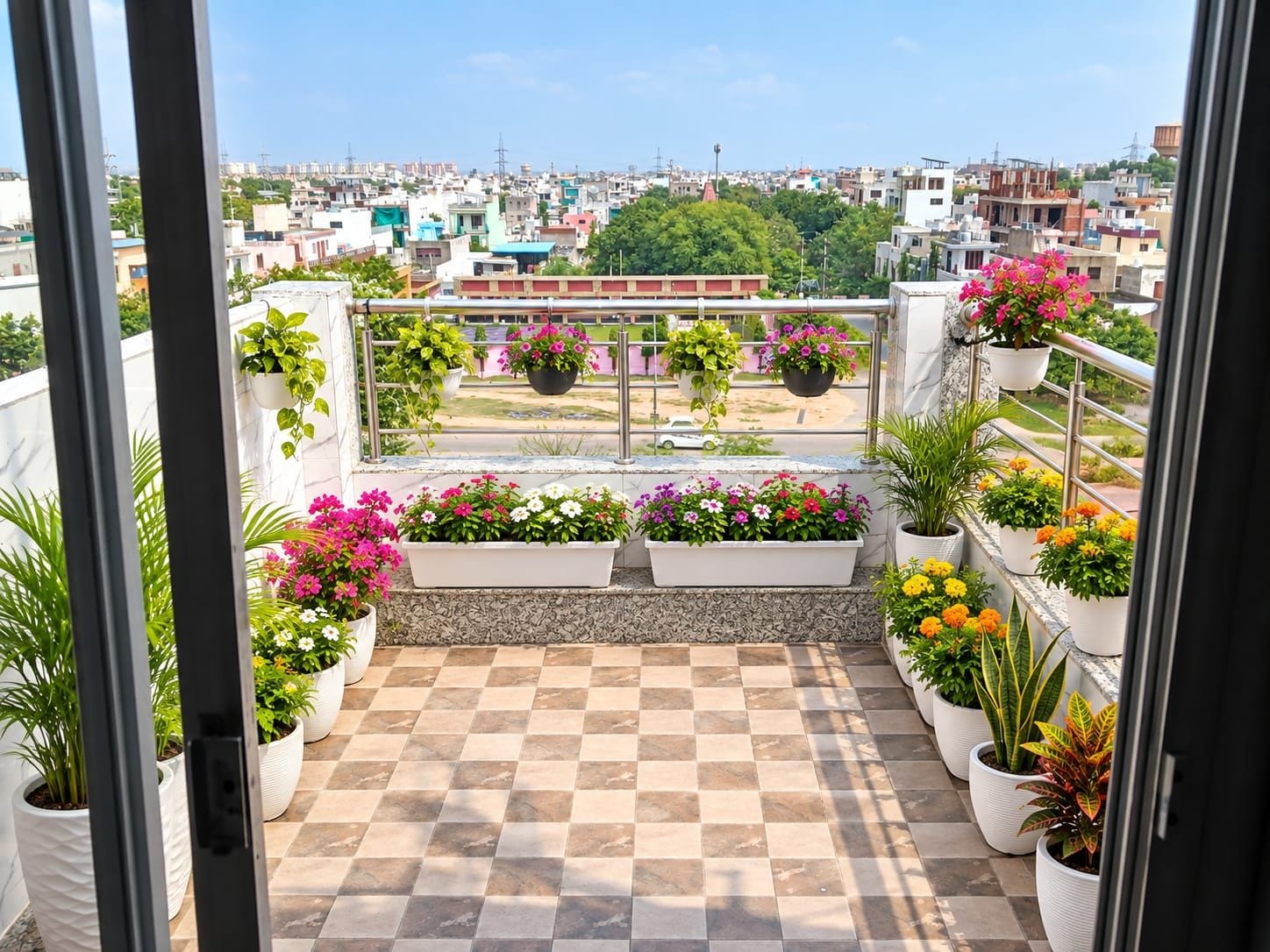 Un balcón con plantas y flores en macetas, suelo a cuadros y vistas de la ciudad.