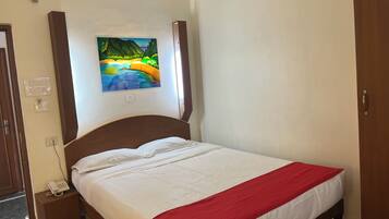 A bedroom with a bed, a red throw blanket, a ceiling fan, and a wall-mounted painting.