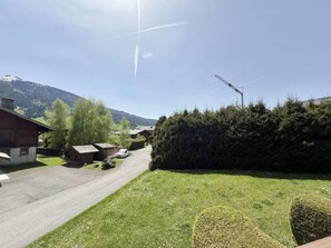 A residential area with a paved driveway, a wooden house, and a hedge. - 1st floor, view mountain, balcony, tv, ski locker, 35m², Praz sur Arly (Praz-sur-Arly)