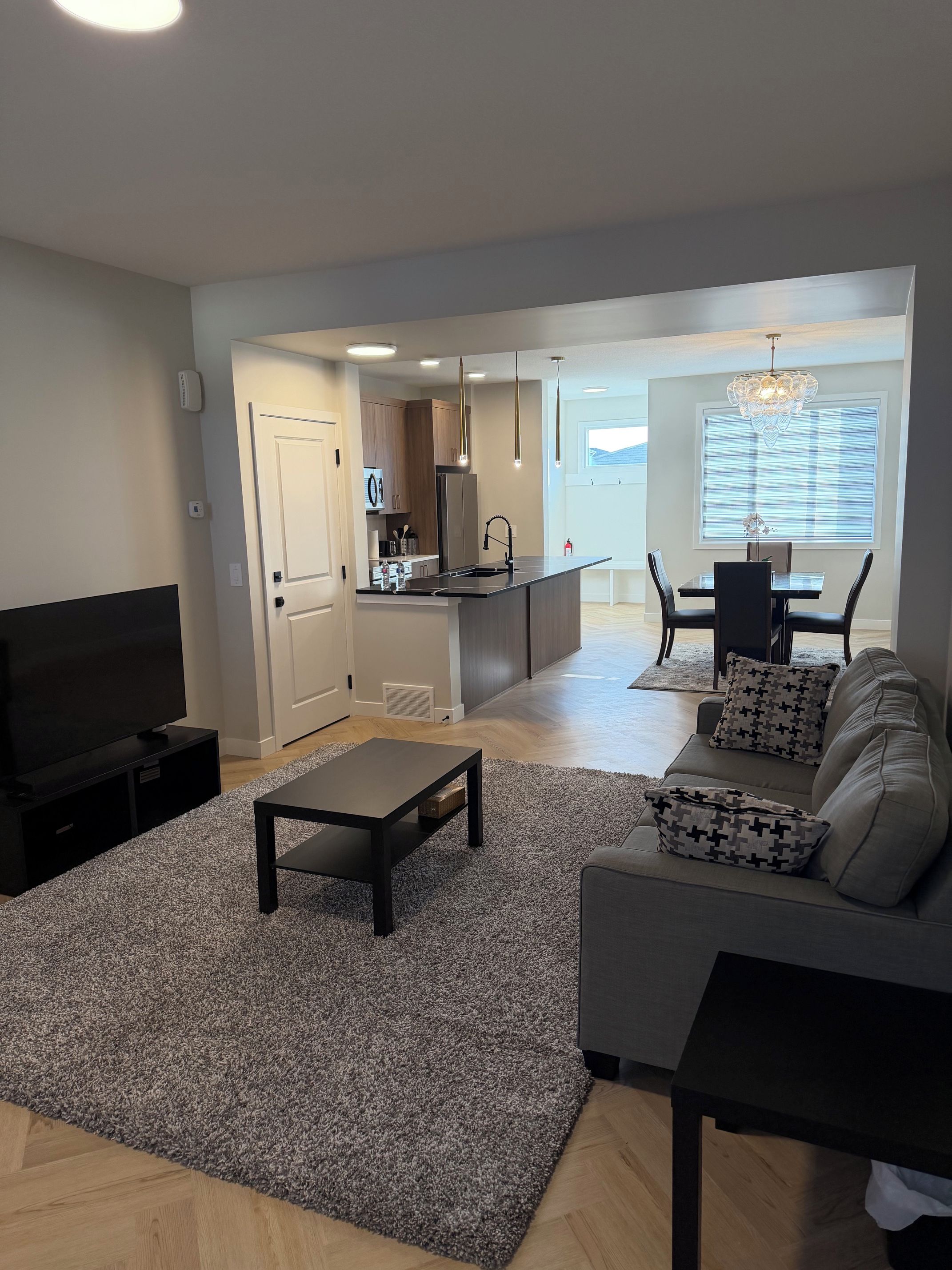 A modern living room with a flat-screen TV, a sofa, a coffee table, and a rug.