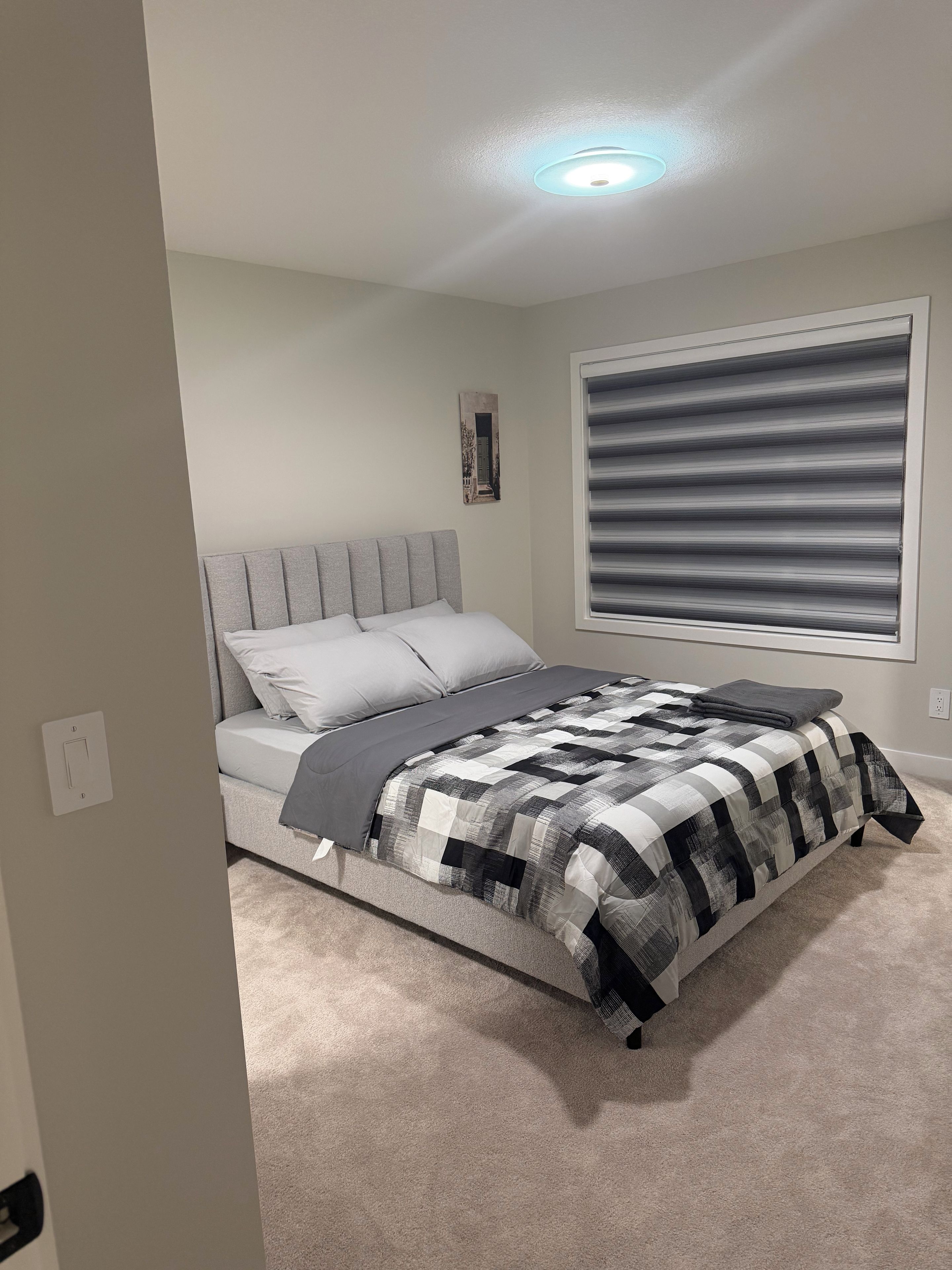 A bedroom with a bed, a window with blinds, a ceiling light, and a wall-mounted picture.