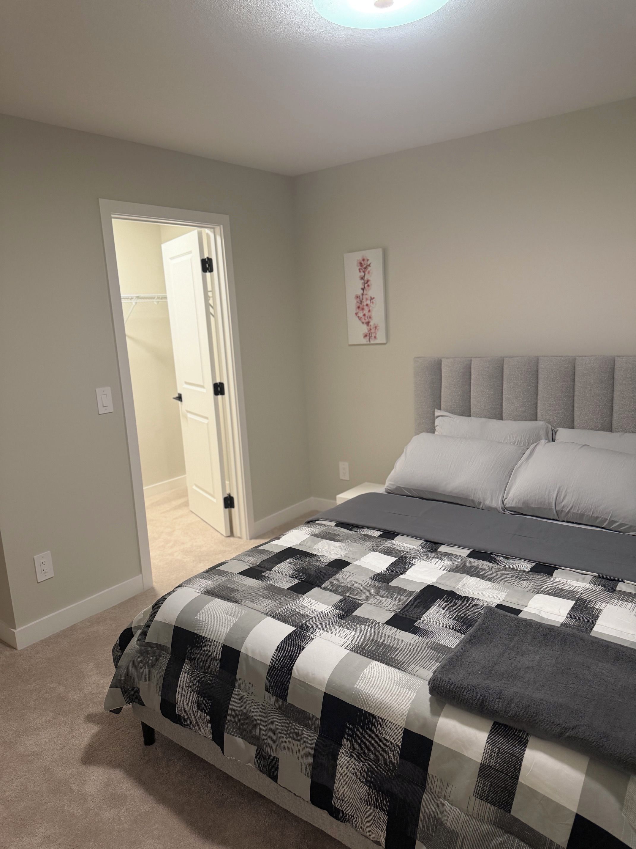 A bedroom with a bed, a door leading to another room, and a wall-mounted artwork.