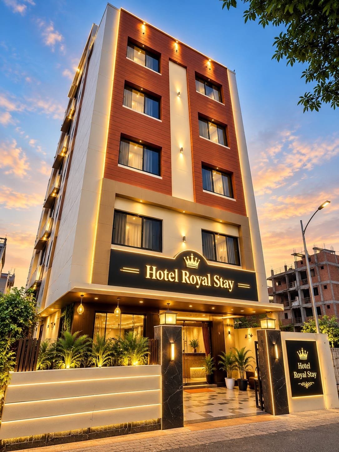 A multi-story hotel with a prominent sign reading 'Hotel Royal Stay.'