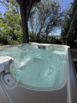 A hot tub with clear water, surrounded by trees and a clear sky.