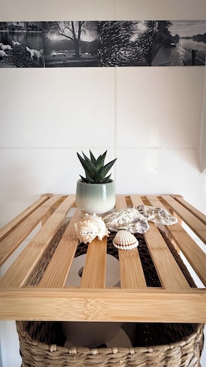 A wooden table with a potted plant and seashells. - A cosy autumn and winter retreat in the historic ferryman’s house on the Main (Winterhausen)