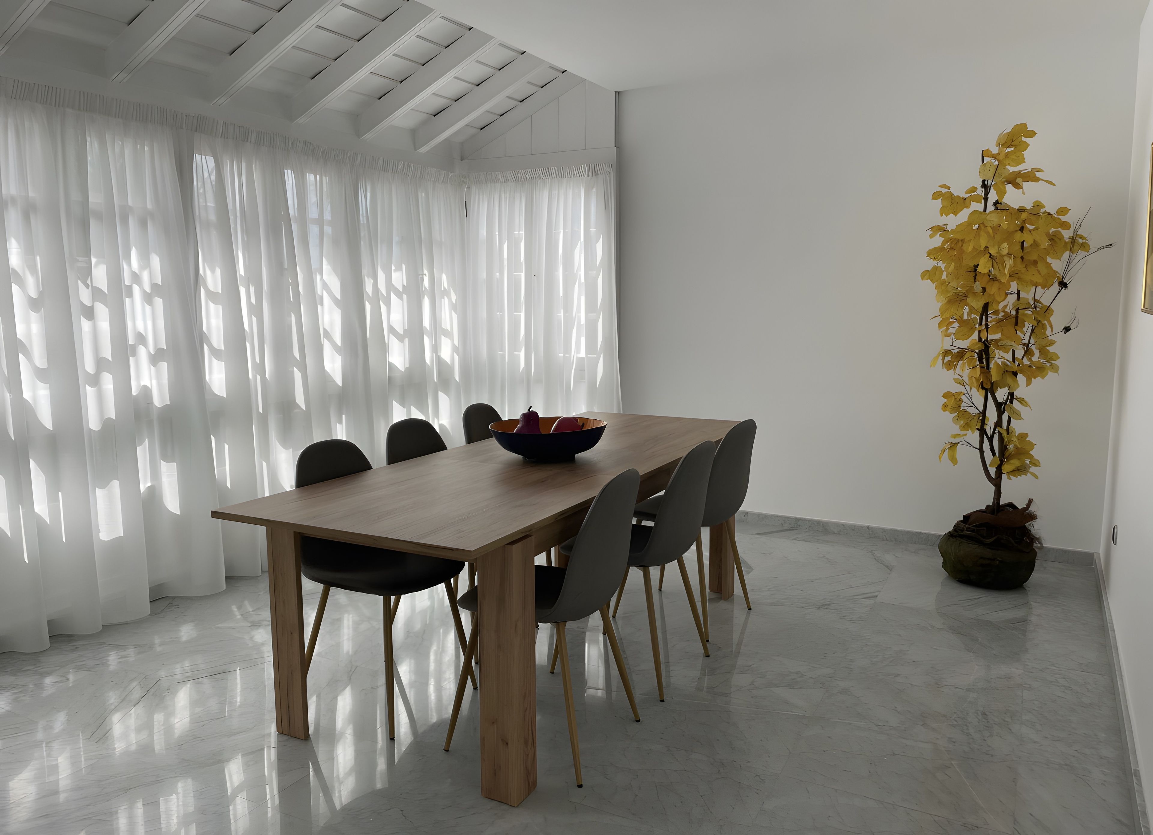A dining area with a wooden table, chairs, a bowl, and a potted plant.