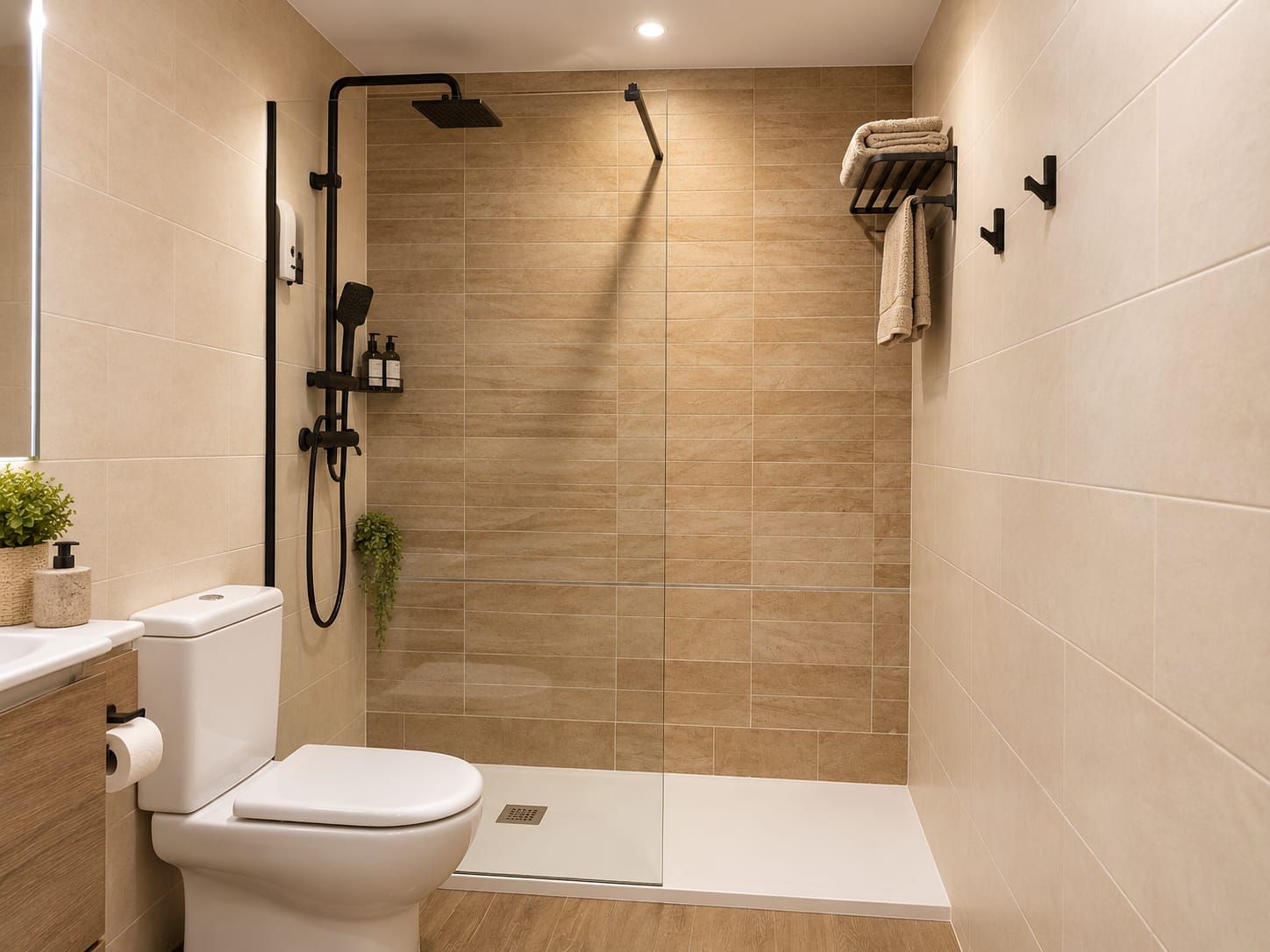 Un baño moderno con inodoro, ducha y lavamanos.