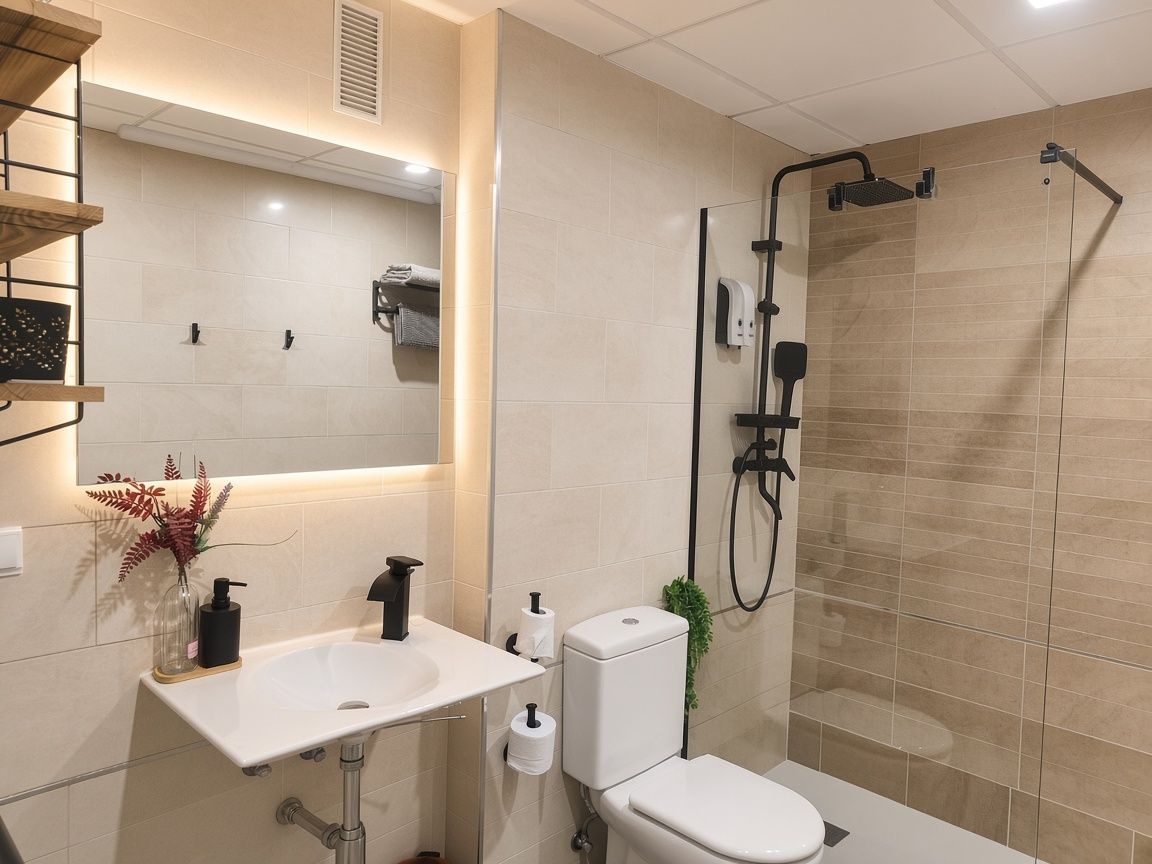 Un baño moderno con lavamanos, inodoro y ducha blancos. Hay un espejo sobre el lavamanos y un perchero en la pared.