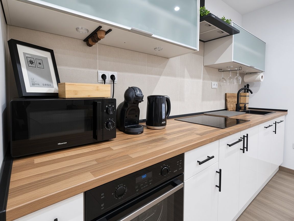 Una cocina moderna con microondas, cafetera y un reloj digital.