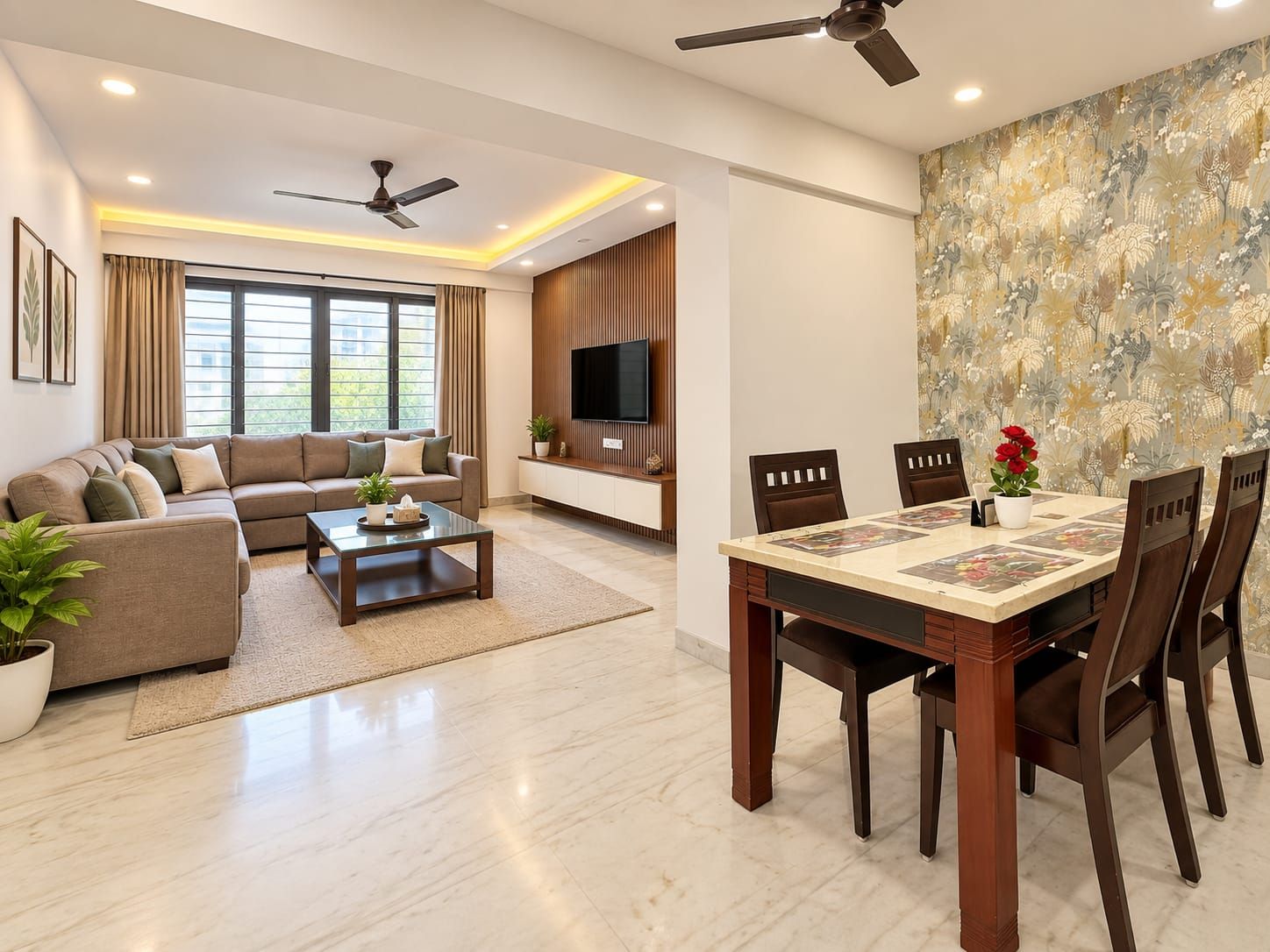 A modern living room with a sofa, coffee table, and dining area with chairs and a table.
