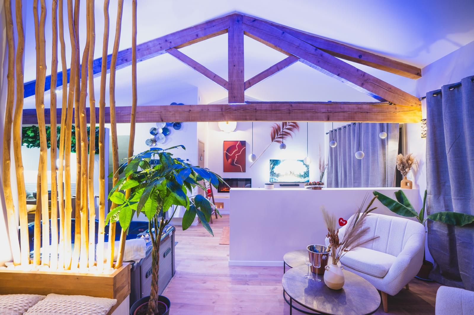 Ein modernes Wohnzimmer mit hoher Decke, Holzbalken, einer großen Pflanze, einem weißen Sofa, einem kleinen Tisch mit Getränken und einem Fernseher.