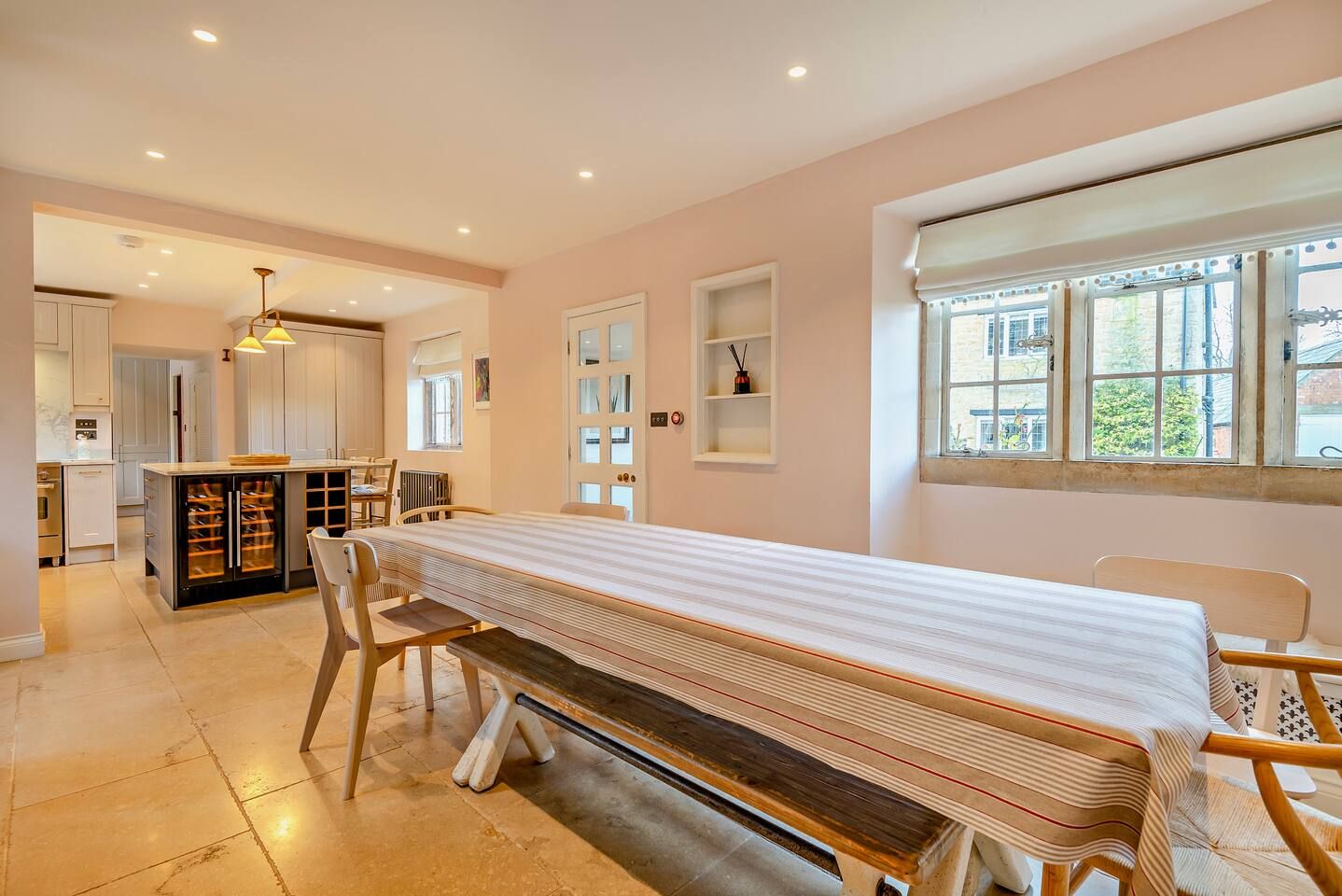 Dining room with long table for group meals
