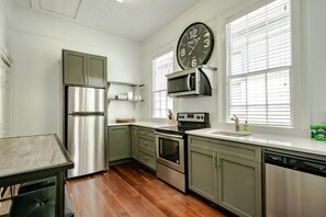 A modern kitchen with stainless steel appliances, a large wall clock, and a window with blinds. - Betty (Mobile)