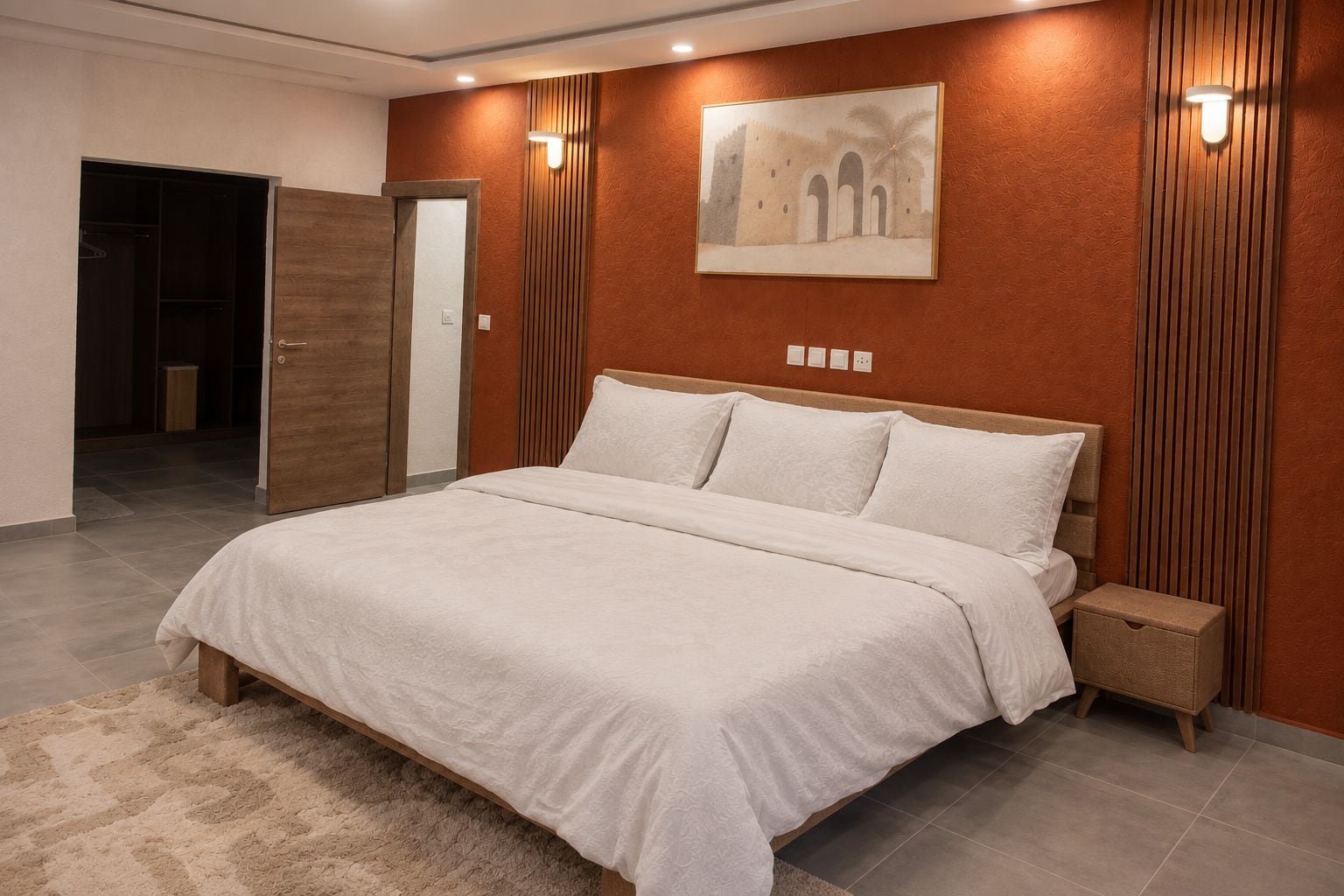A modern bedroom with a large bed, a wooden headboard, a nightstand, and a wall-mounted light fixture.