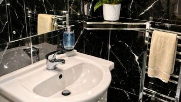 A bathroom with a white sink, a mirror, a plant on a shelf, and a towel rack.